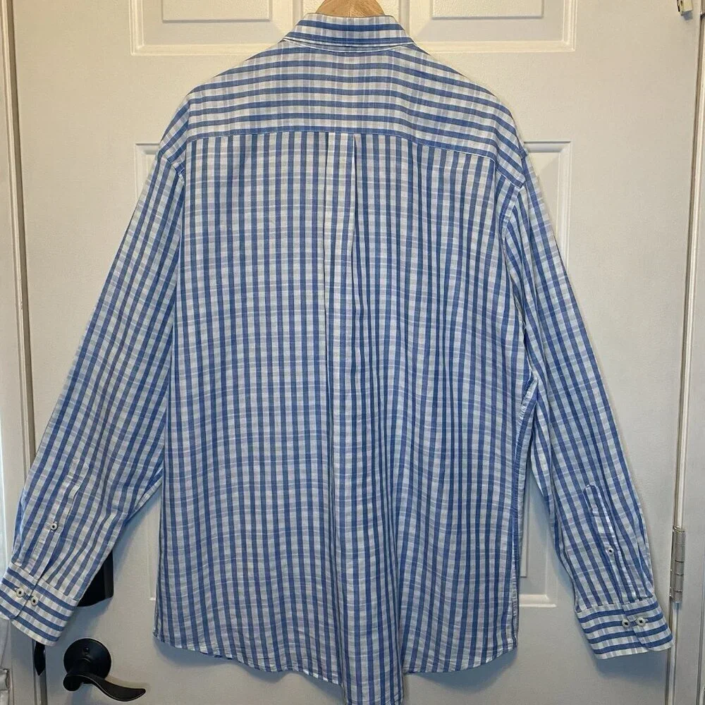PETER MILLAR Cotton & Linen Blue Plaid Long Sleeve Casual Shirt XL EUC